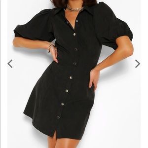 Black Puff Sleeve Button Down Shirt Dress